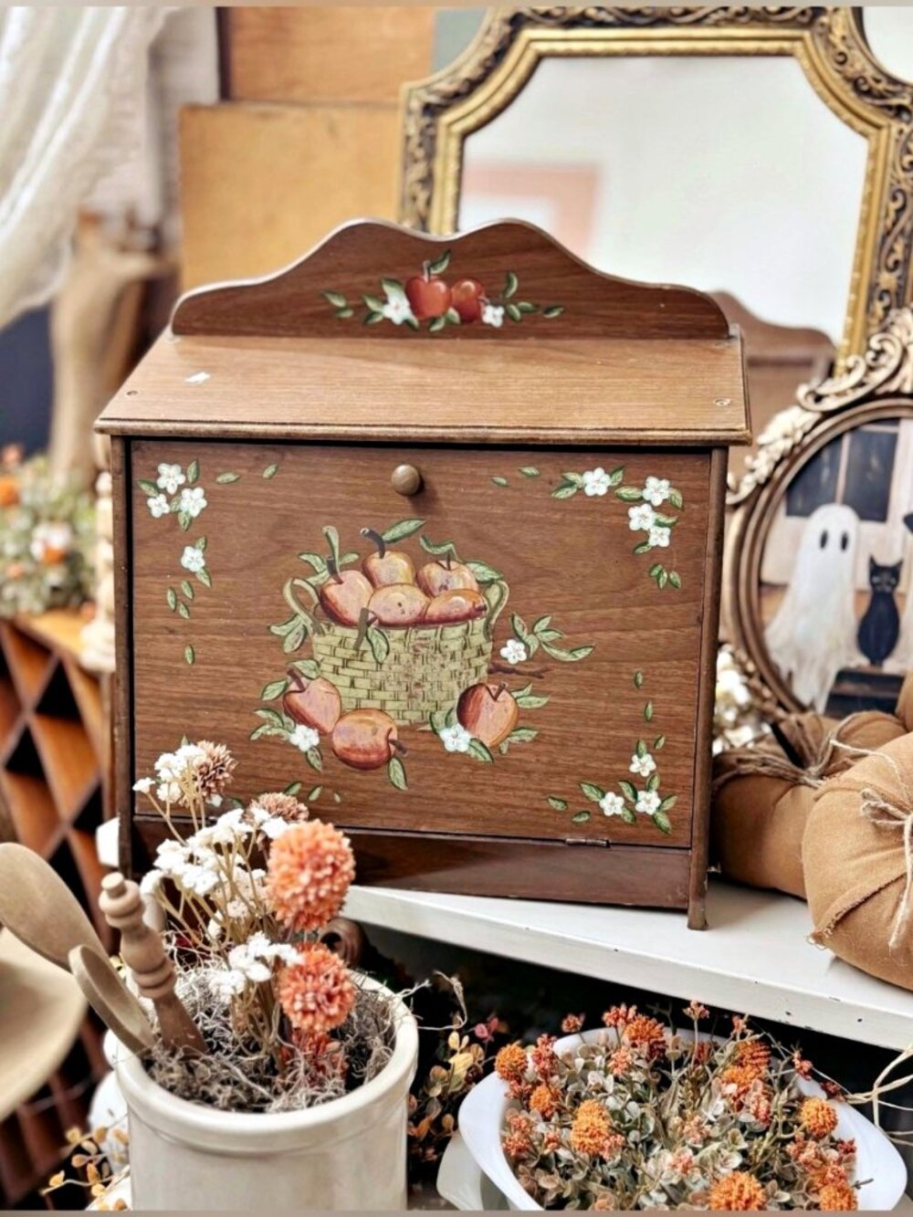Vintage Farmhouse Apple Basket Faux Wood Drop Front Cottage Bread Box